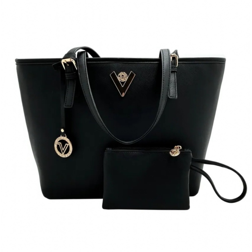Valentino Orlandi Tote Bag Women Large Black Saffiano Faux Leather Gold Logo